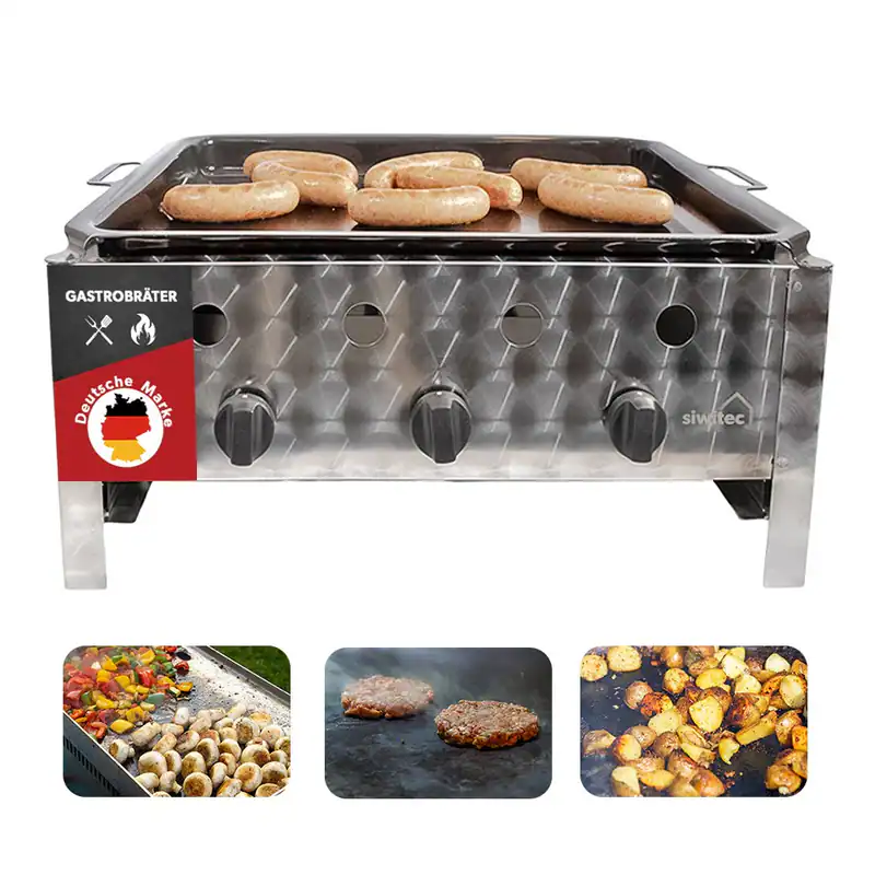 Edelstahl Gasbräter Gasgrill 3 flammig Gastrobräter Gas Gril mit Stahlplatte