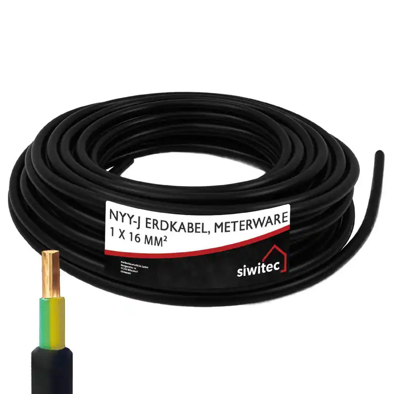 NYY-J Kabel 1x16 mm², 0,6/1kV, Länge 1-100 m, Erdleitung Elektrokabel NYY Kabel