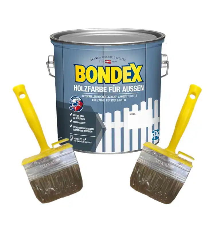 Bondex Holzfarbe für Außen 2,5 L + 2 Extra Pinsel Wetterschutzfarbe Holzlack
