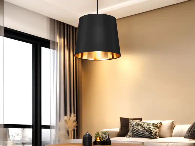 Moderne Pendelleuchte 1-flammig mit Stoff Lampenschirm Schwarz Gold Ø 30cm