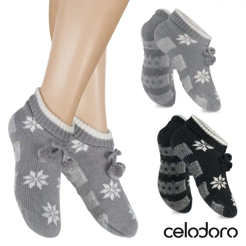 Celodoro Damen Norweger Strick Haussocken (1 Paar) Slip on Hüttensocken mit ABS