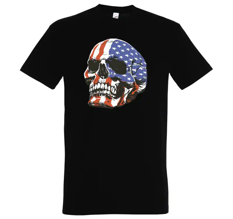 Herren T-Shirt USA Skull 3D Schädel Spruch Flagge Skelett Aufdruck Totenkopf