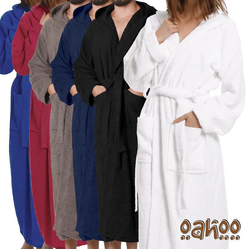 OAHOO Damen und Herren Frottee Bademantel mit Kapuze und extra-langer Schnitt