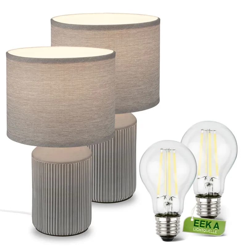 Nachttischlampe 2er Set Tischlampe E27 Stoffschirm Schalter Keramik Grau 37,5 cm