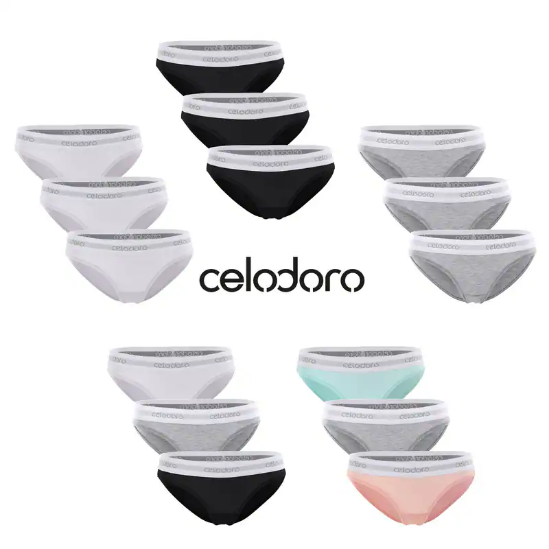 Celodoro Damen Bikini Slip mit Webgummi-Bund (3er Pack) Sport Slip mit Logo
