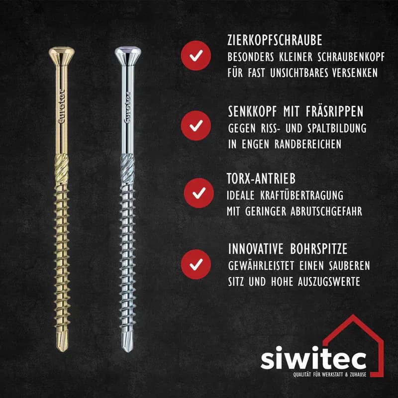 siwitec 500 Stück Glasleistenschrauben mit Zierkopf TX10 Ø 3,2 mm Holzschrauben
