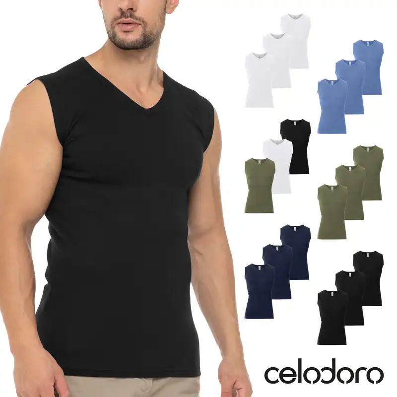 Celodoro Herren Muskelshirt V-Neck (3er Pack) Baumwoll Unterhemd