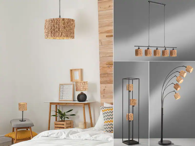 Boho Nachttischlampen & Esstischlampen mit Lampenschirm aus Seegras Korbgeflecht