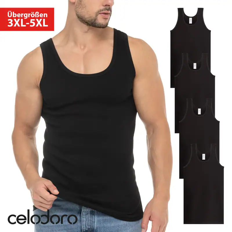 Celodoro 4er Herren Feinripp Unterhemden Tank-Top Schwarz
