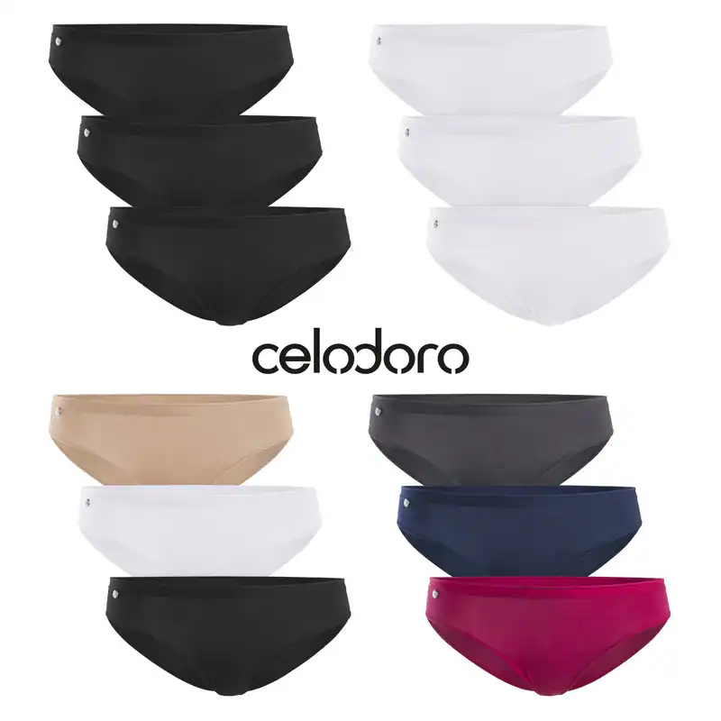 Celodoro Damen Basic Bikini Slip (3er Pack) Unterhose mit Schmuck Logo