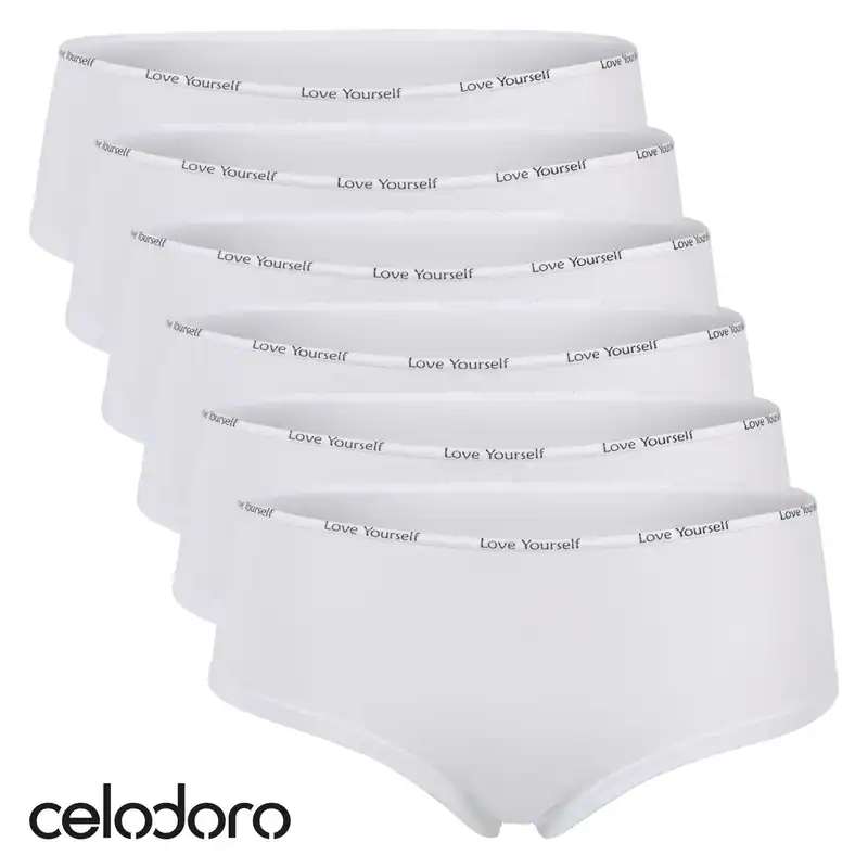 Celodoro Damen Panty Slip (6er Pack) Pants mit schmalem Ziergummi und Schriftzug