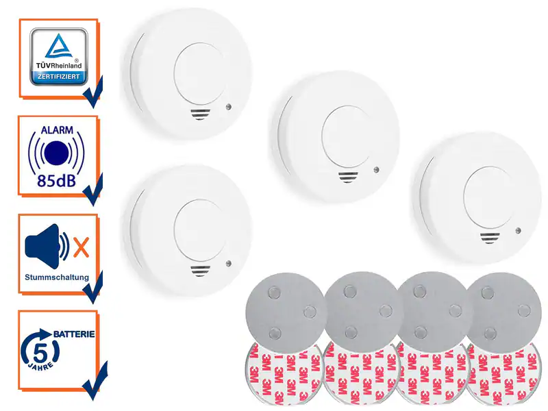 Rauchmelder 4er Set mit Magnetbefestigung, Alarm für Feuerschutz & Brandschutz