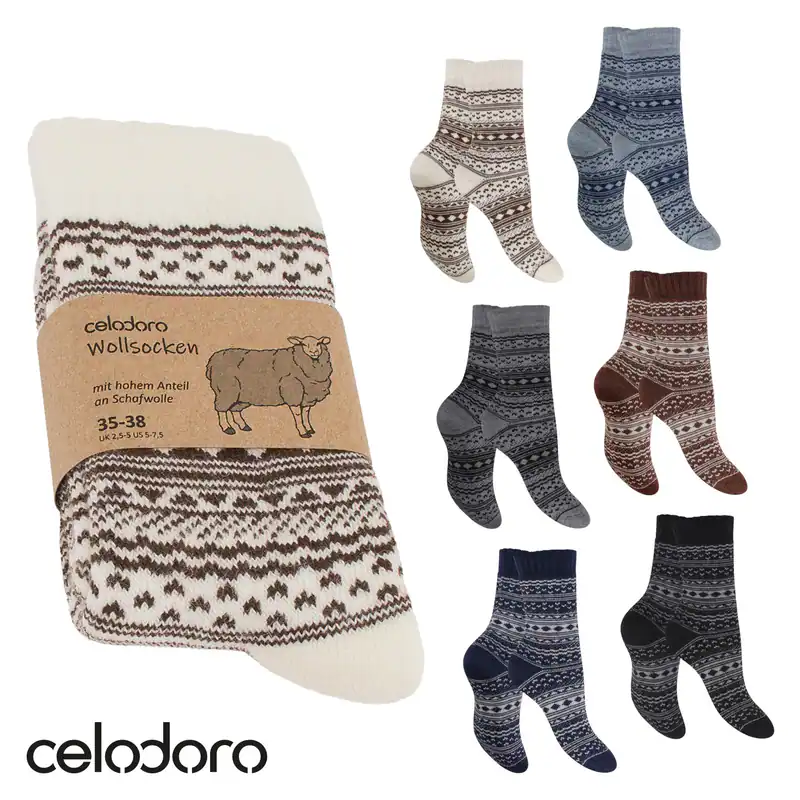 Celodoro Damen & Herren Frottee-Wollsocken mit Muster