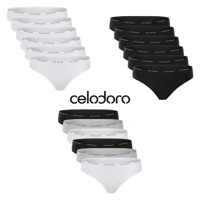 Celodoro Damen Tanga (6er Pack) mit schmalem Ziergummi und Schriftzug