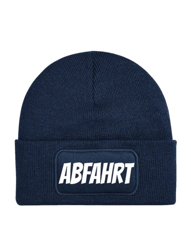 Unisex Strick Bommel Beanie Mütze mit "Abfahrt" Fun-Print lustig Hütte Geschenk
