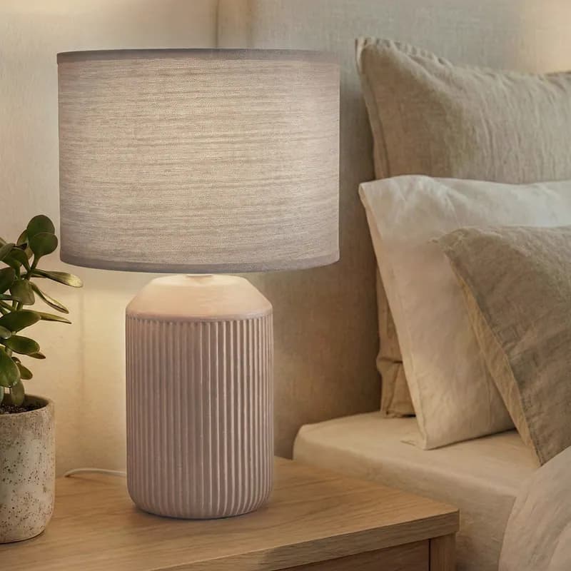 Nachttischlampe E14 Stoffschirm Tischlampe Kabelschalter Keramik Braun 37,5 cm