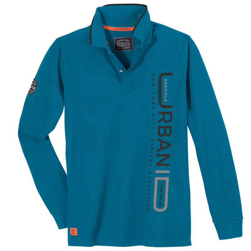 Redfield Langarm-Polo XXL türkisblau Vertikalprint