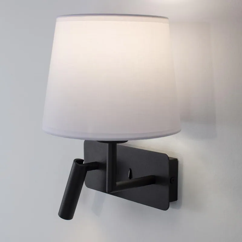 Wandleuchte Flex mit Lesearm, Schwarz-matt, Weiß, Aluminium, Stoff, E27