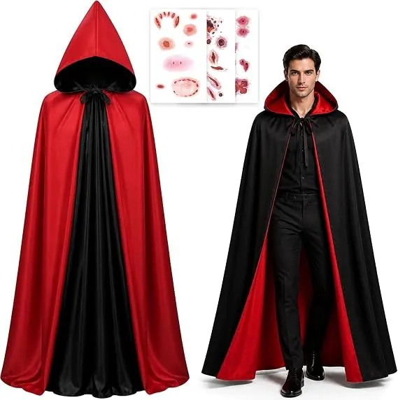 Wende schwarz rot Kapuze Cape Umhang Halloween Vampir Dracula Kostüm Set