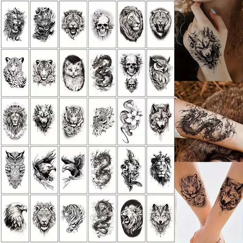 30 Temporäre Tattoo Aufkleber geeignet für Männer und Frauen, schwarz Totenkopf