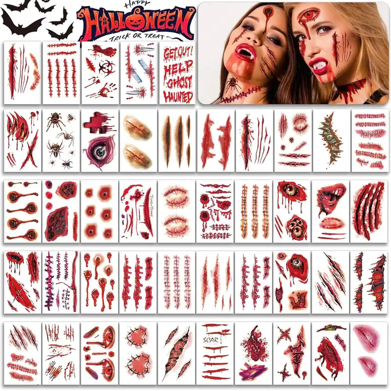 45 Blatt Zombie Narbe Tattoos Wasserdicht Halloween Fake Wundstich SFX Make-up