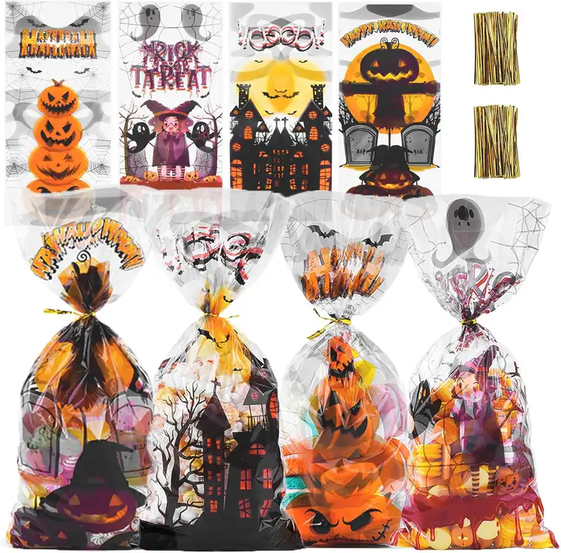 120 Stück Halloween Zellophan Leckerlibeutel Goodie Bags Süßigkeiten Party