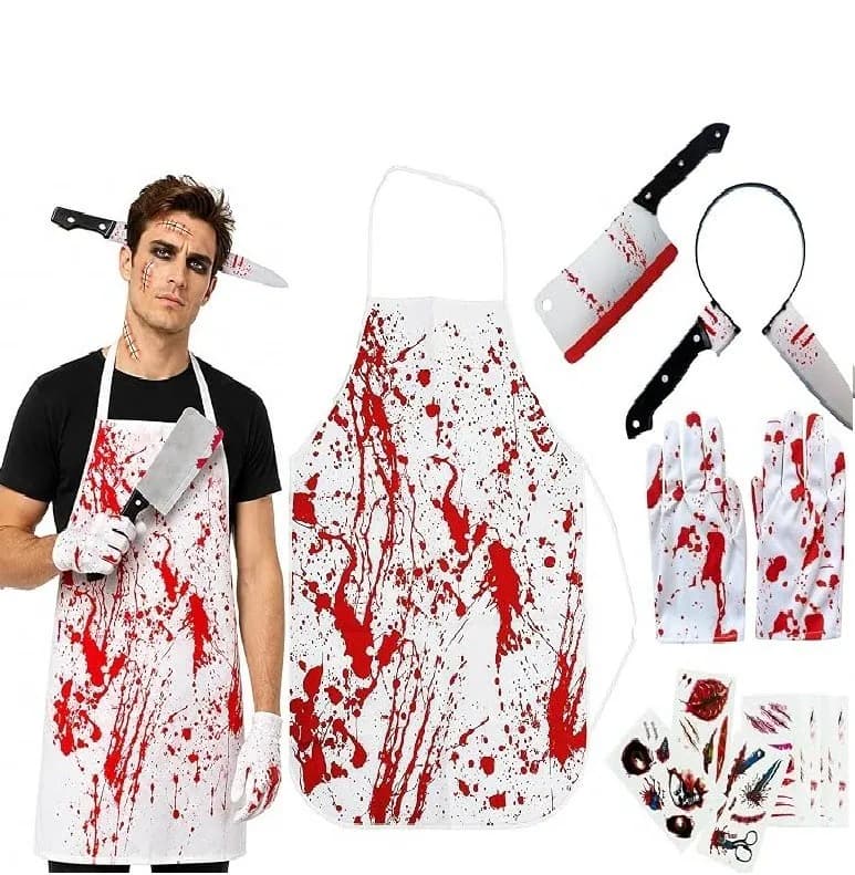 5 Zubehör Disfraz Halloween Carnicero Con Sangre Cuchillo Delantal
