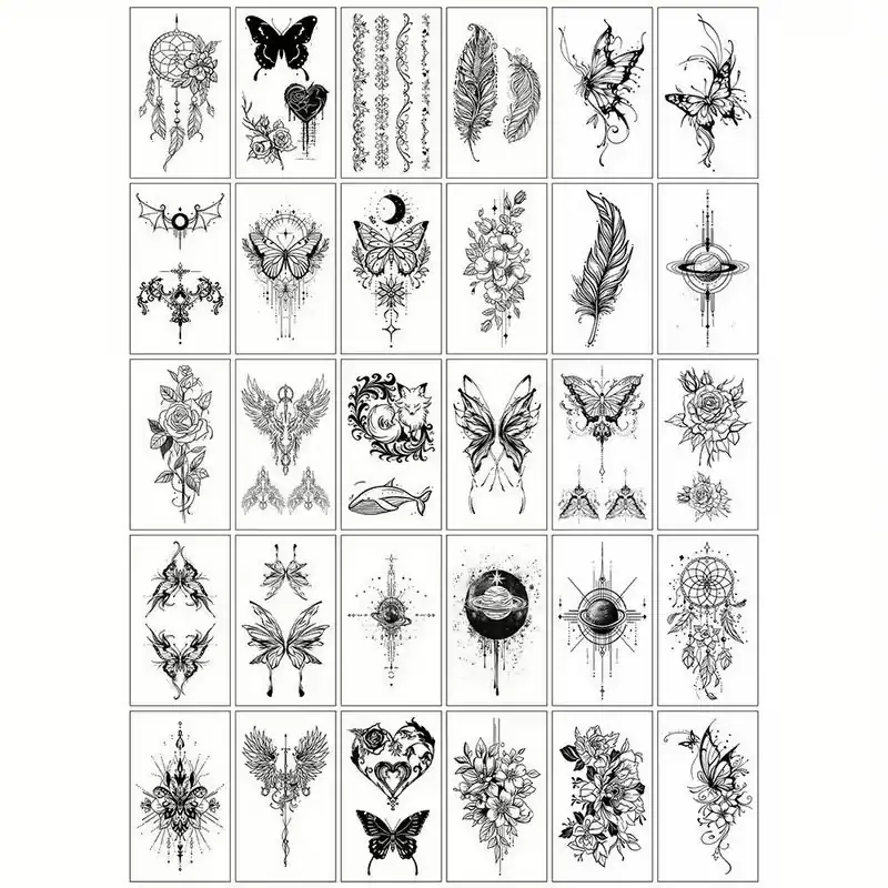 30er Set schöne Black Line bemalte Schmetterling Blume temporäre Tattoos