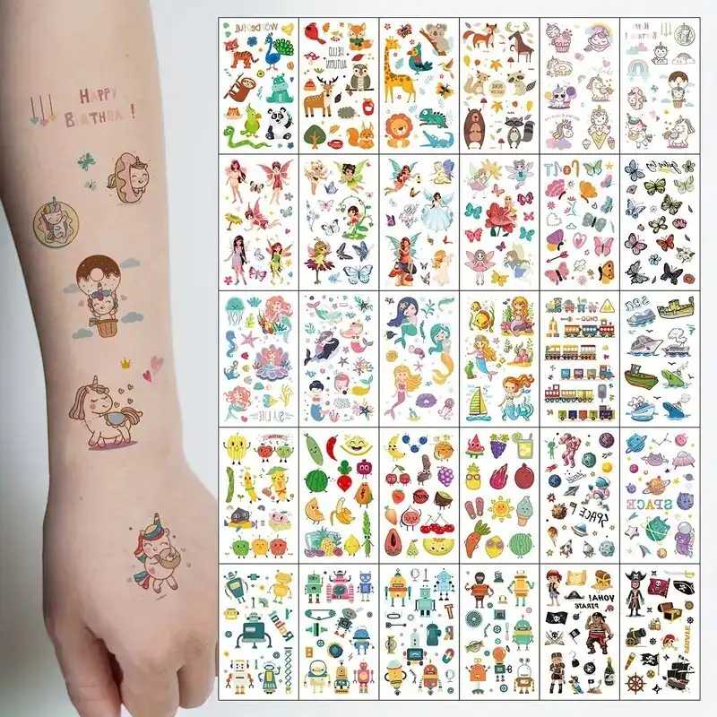 30 Stück süße Cartoon Tattoo Aufkleber, Einhorn, Tier, Meerjungfrau, Auto Rad