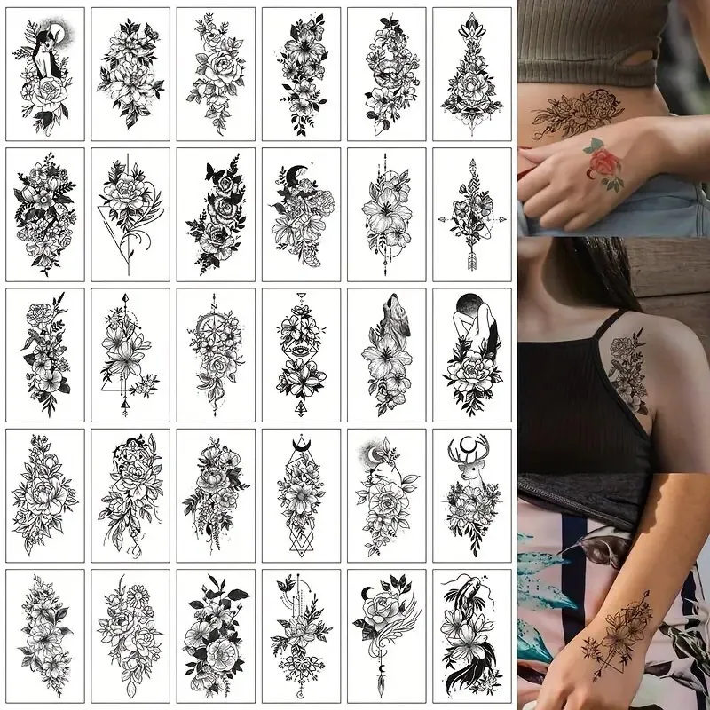 30 Stck. Wasserdichte Schwarze Blumen Temporäre Tattoos für Frauen & Mädchen -