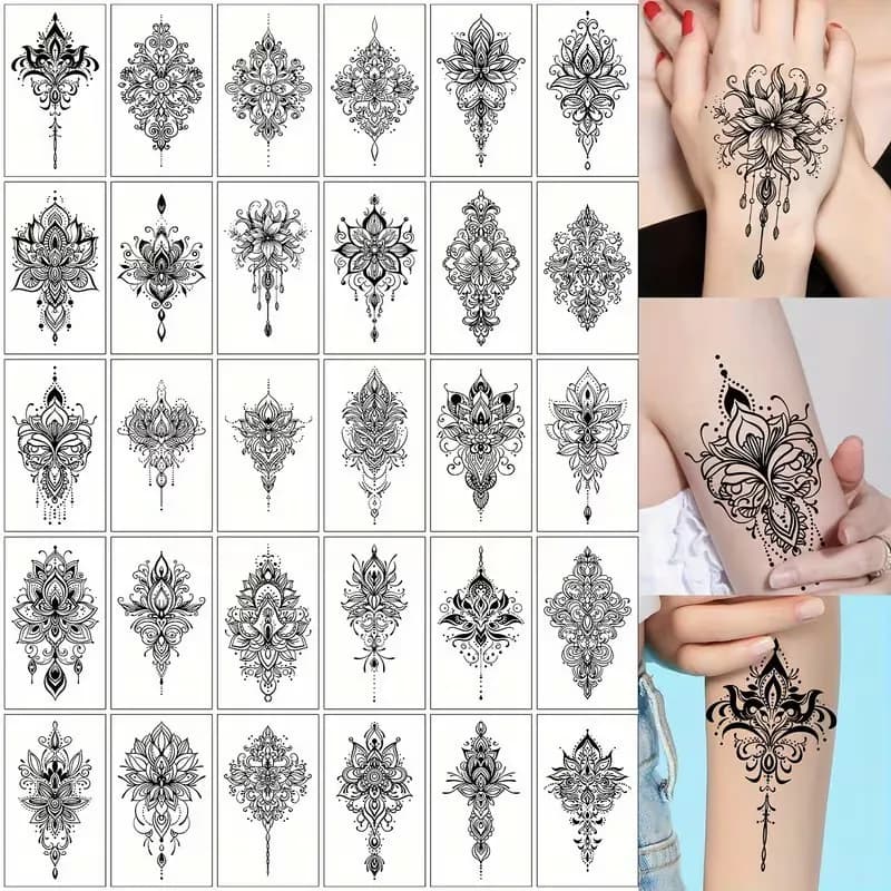 30 Stck. Wasserdichte Schwarze Blumen Temporäre Tattoos für Frauen & Mädchen -