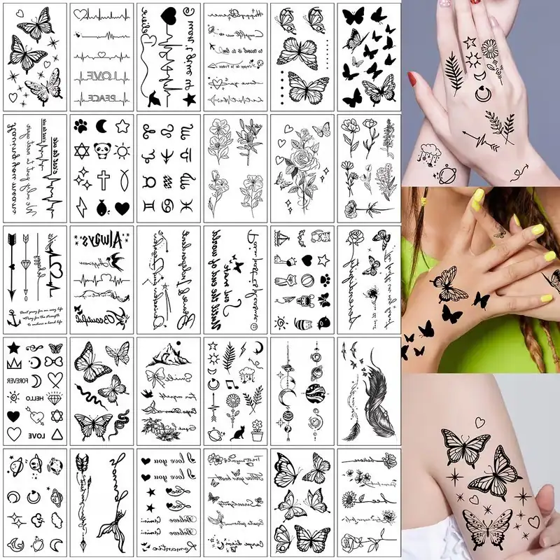 30 Blatt temporäre gefälschte Körper Aufkleber schwarz Schmetterling Blume Text
