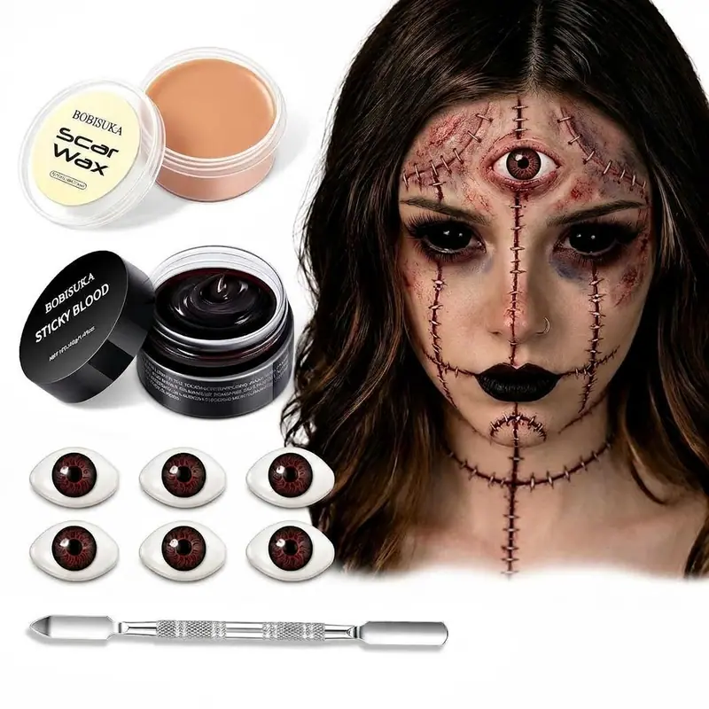 Set Protesis de Latex Halloween 3 Ojos Oscuros Heridas Maquillaje Terror