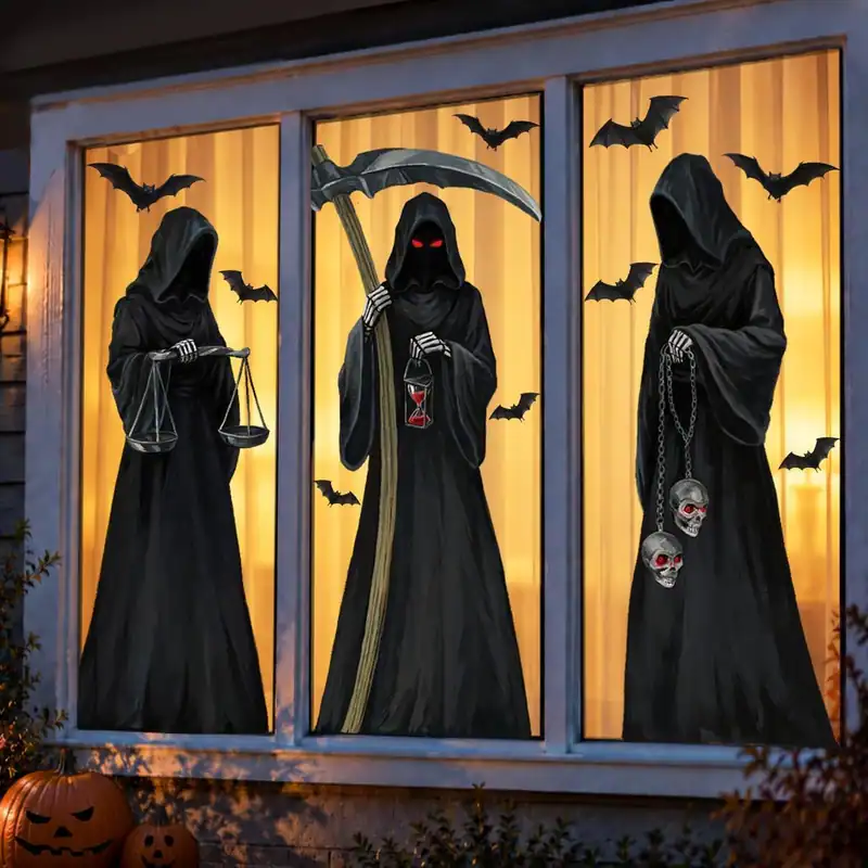 3 Pegatinas Halloween Sensenmann Fledermaus Fenster Klammern Glas Aufkleber Deko