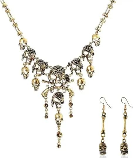 Damen Halloween Pirat Modeschmuck Set Totenkopf Skelett Halskette Ohrringe Pro