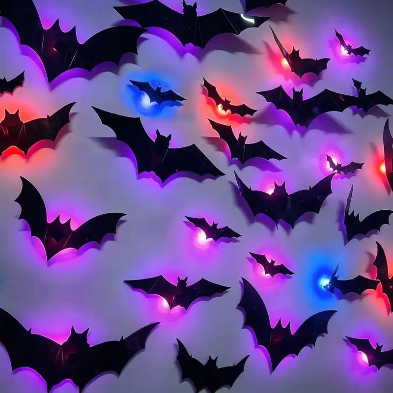 12 Murcielagos 3D Halloween Con Luz LED Pegatinas Pared Ventana Adorno