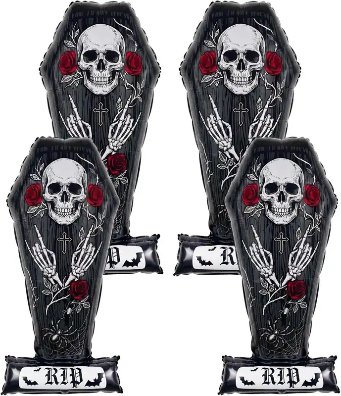 4 Stück große Sarg Skelett Totenkopf Rose Folienballons Halloween gruselig