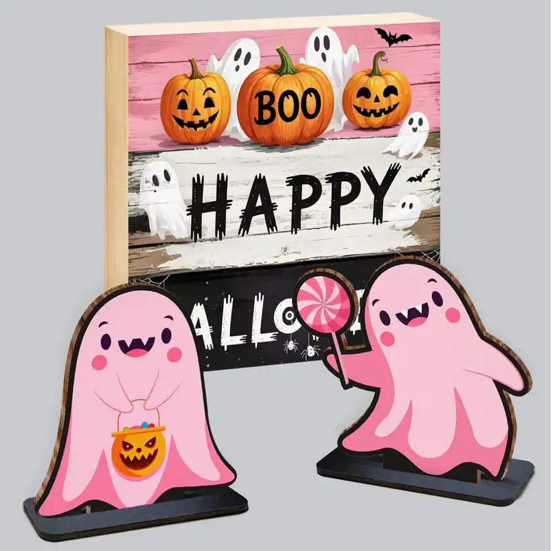 3 Stück Rosa Geist Holz Deko Schild Happy Halloween Stufentablett Tisch