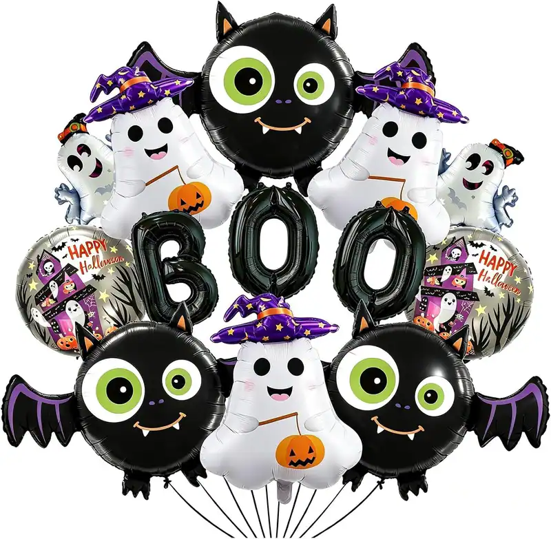14 Globos Halloween Murcielago Fantasma BOO Metalicos 76 cm Adorno Fiesta