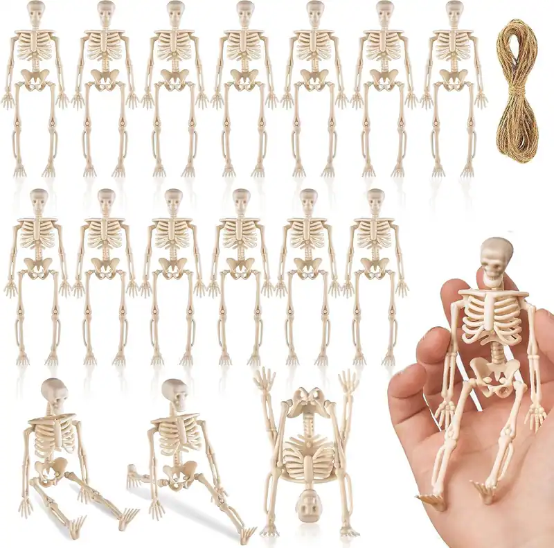 Set 16 Esqueletos De Plástico Halloween 15 cm Cabeza Giratoria Adorno