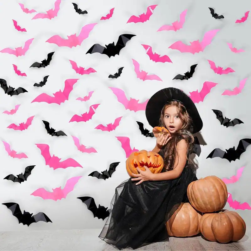 72 Murcielagos 3D Halloween Wandtattoos Rosa Schwarz Aufkleber Grusel Deko