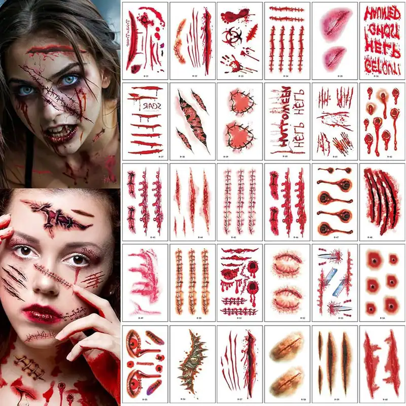 30 Blatt 3D Halloween Gefälschte Narbe Temporäre Tattoos Wundstich Blut SFX