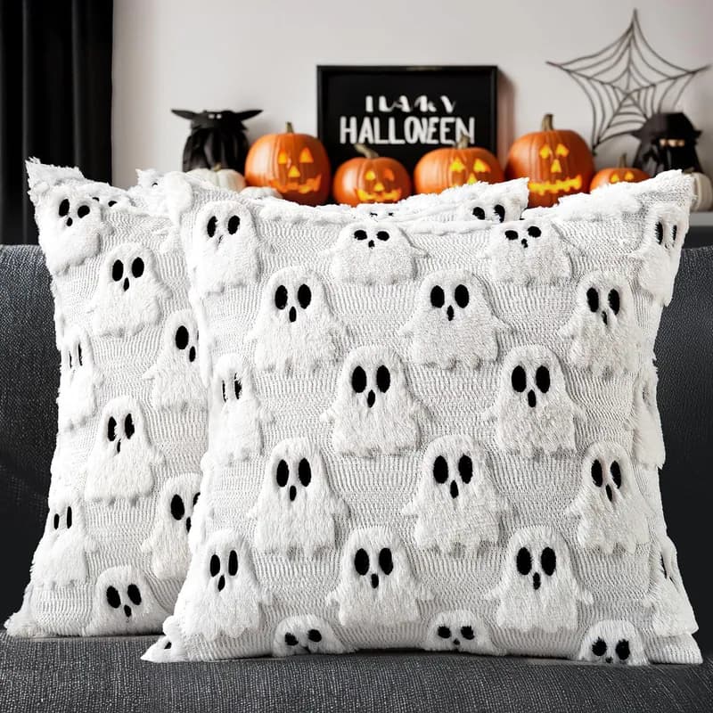 Halloween Geist Kissenbezüge Set 18X18 Weich Plüsch Kunstfell Dekor 2 Stück