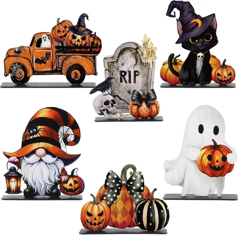6 Stück Halloween Holz Tischdeko Geist Kürbis Wichtel Katze Grabstein LKW Sig