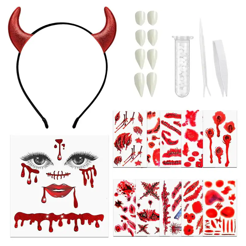 Halloween Vampir Kostüm Zubehör Teufel Hörner Haarreif Zähne Gesicht Schmuck Tat