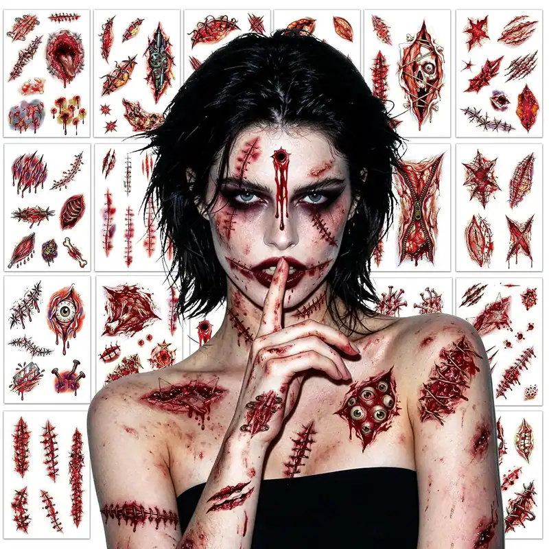 18 Blatt Zombie Narbe Tattoos Wasserdicht Halloween Fake Wundstich SFX Make-up