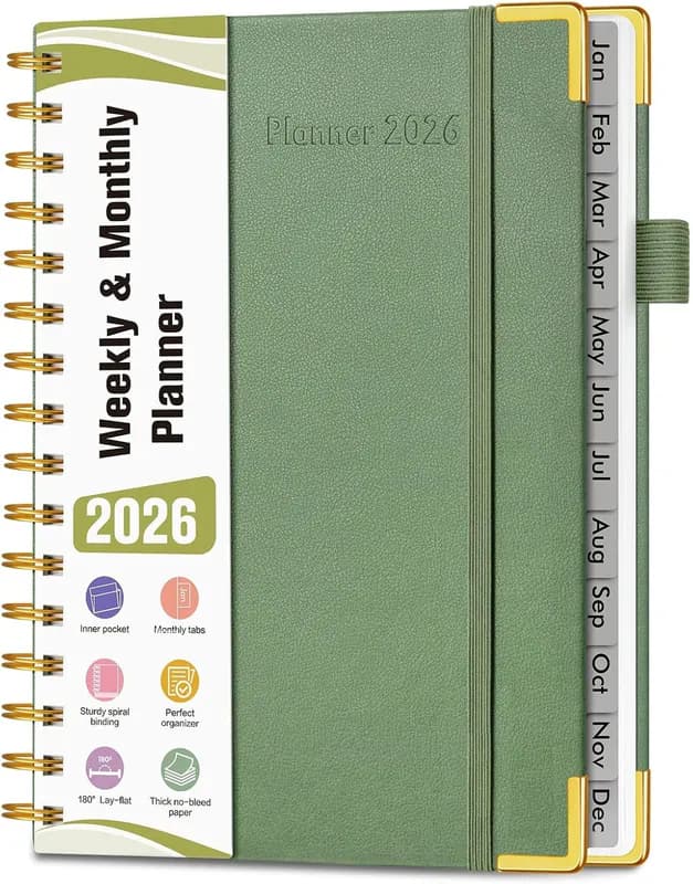 2026 Wochen-/Monatsspiralplaner, Terminbuch -5,75" x 8,38" - grüne Farbe
