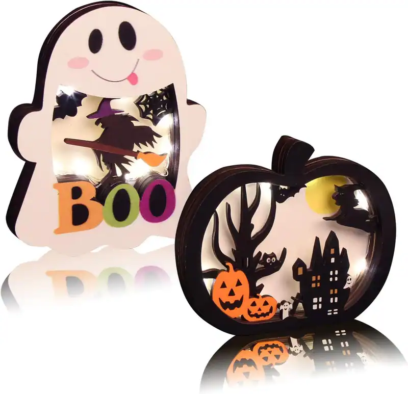 2 Stück Halloween beleuchtete Holz Tischdeko Geist Kürbis LED Boo Grusel Schild