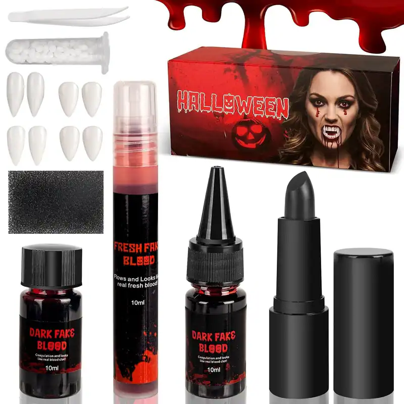 Vampir Zähne Reißzähne Kunstblut schwarz Lippenstift Set Halloween Kostüm Party