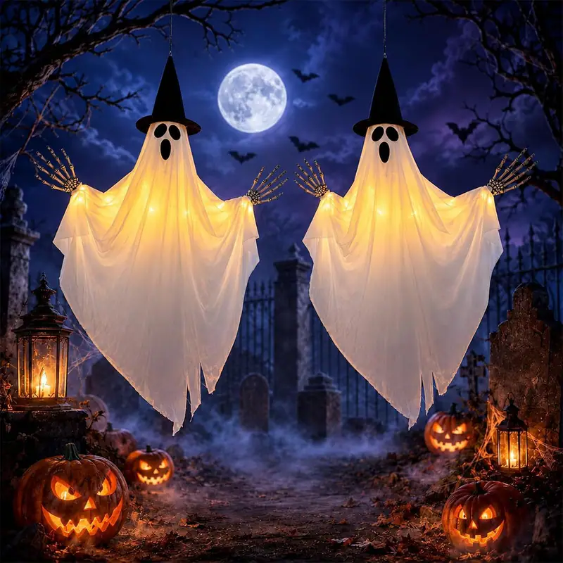 2 Fantasmas Colgantes Halloween Con Luz Sombrero Bruja Adorno Exterior